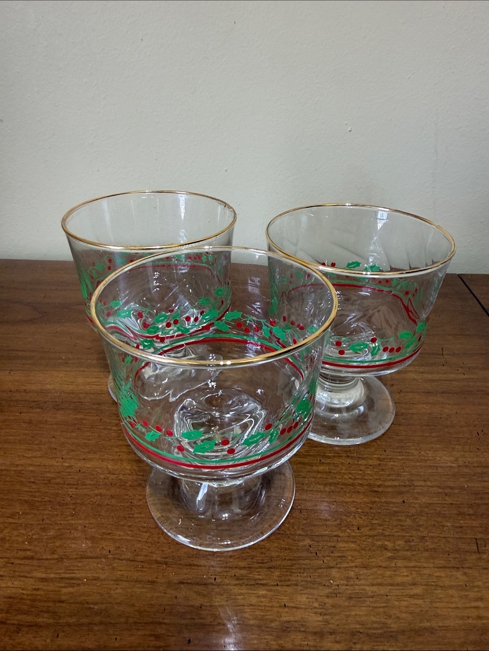 Libbey Gold-Rimmed Holiday Dessert Goblets with Red and Green Holly Motif